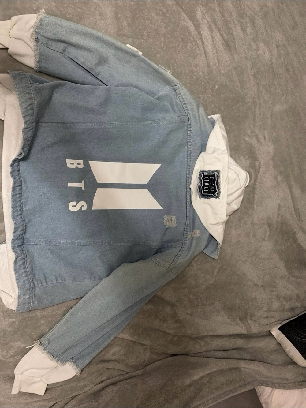 Light Blue Denim Kids Jacket with White Hoodie and BTS Graphic